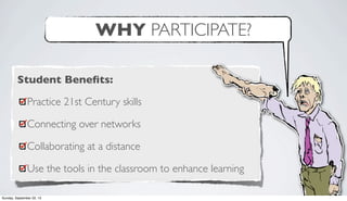 WHY PARTICIPATE?
Student Beneﬁts:
Practice 21st Century skills
Connecting over networks
Collaborating at a distance
Use the tools in the classroom to enhance learning
Sunday, September 22, 13
 