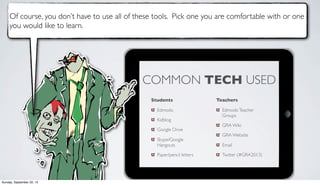 COMMON TECH USED
Of course, you don’t have to use all of these tools. Pick one you are comfortable with or one
you would like to learn.
Students
Edmodo
Kidblog
Google Drive
Skype/Google
Hangouts
Paper/pencil letters
Teachers
EdmodoTeacher
Groups
GRA Wiki
GRA Website
Email
Twitter (#GRA2013)
Sunday, September 22, 13
 