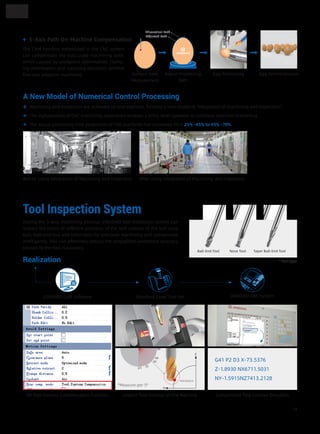 Theoretical Path
Adjusted Path
Machining and inspection are achieved on one machine, forming a new model of "integration of machining and inspection".
The digitalization of CNC machining experience enables a entry-level operator to complete precision machining.
The actual processing time proportion of CNC machines has increased from 25% -45% to 45% -70%.
A New Model of Numerical Control Processing
The CAM function embedded in the CNC system
can compensate the inaccurate machining path,
which caused by workpiece deformation, clamp-
ing deformation and clamping deviation, achieve
five-axis adaptive machining.
5-Axis Path On-Machine Compensation
Surface Date
Measurement
Adjust Processing
Path
Egg Processing Egg Demonstration
Tool Type*
Ball-End Tool Nose Tool Taper Ball-End Tool
Tool Inspection System
During the 5-axis machining process, JINGDIAO tool inspection system can
inspect the errors of different positions of the tool contour of the bull nose
tool, ball-end tool and other tools for precision machining and compensate
intelligently. This can effectively reduce the unqualified workpiece accuracy
caused by the tool inaccuracy.
14
Before Using Integration of Machining and Inspection After Using Integration of Machining and Inspection
Realization
3D Tool Contour Compensation Function
05
25
45
60
90
*Measure per 5°
Inspect Tool Contour on the Machine Compensate Tool Contour Deviation
G41 P2 D3 X-73.5376
Z-1.8930 NX6711.5031
NY-1.5915NZ7413.2128
JIGNDIAO CAM Software Standard Laser Tool Set JIGNDIAO CNC System
Workpiece
 