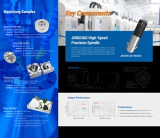 JD150S-20-HA50/A
Performance
Taper Bore Radial Runout ≤1.5 μm (5.9×10-5
in)
Rotor End Face Axial Runout ≤1 μm (3.9×10-5
in)
Vibration at Maximum Speed ≤0.6 mm/s (1.44 ipm)
JINGDIAO High-Speed
Precision Spindle
JINGDIAO's high speed spindles are the machine's main power
source which produce precision machining results. Our in-house
built spindles have low vibration, and high thermal stability result-
ing in a small Coefficient of thermal expansion and stable cutting
in conditions.
Dimension Unit: mm (in)φ192(φ7.6)
φ153(φ6.0)
φ110(φ4.3)
φ150(φ5.9)
φ149.9(φ5.9)
45.5 (1.8)
597 (23.5)
142 (5.6)100 (3.9)
4.5 (0.2) 2 (0.1)
22 (0.9)
Clamping Position
6-φ9 (φ0.4) Through-Hole Uniform Distribution
6-φ9 (φ0.4)
Through-Hole
Uniform Distribution
φ15 (φ0.6) 12
Uniform Distribution
φ15 (φ0.6) 12
Uniform Distribution
R86 (3.4)
R84 (3.3)
15° 15°
Output Performance
PEAK
S6-60%
S1-100%
0.5
0
5
10
15
20
25
30
35
0.8 1 1.5
Speed n/×104
(rpm)
PowerP(KW)
2
PEAK
S6-60%
S1-100%
0
5
10
15
20
25
30
35
0.5 0.8 1 1.5
TorqueT(Nm)
Speed n/×104
(rpm)
2
Key ComponentsMachining Samples
03
Mirror HUD Mold
Continuous finishing for 82 h with one R4 mm
PCD cutting tool;
Surface roughness Sa<10 nm (3.9×10-7
in), Sv<35
nm, waviness is less than 25 nm (9.8×10-7
in);
Surface accuracy PV<10 μm (3.9×10-4
in).
300×200×50/11.8×7.9×2.0
M333 (HRC50)
Size (mm/in):
Material:
Highlights:
Spiral Bevel Gear Mold
5-Axis simultaneous machining with carbide tools;
Mold accuracy reaches level 1 of DIN 3965/86.
Φ90×35/φ3.54×1.38
DC53 (HRC62)
Size (mm/in):
Material:
Highlights:
Breathing Mask Mold
145×145×109/5.7×5.7×4.3 (Concave)
145×145×119/5.7×5.7×4.7 (Convex)
Size (mm/in):
H13 (HRC52)Material:
Fit clearance≤0.01 mm (3.9×10-4
in);
Witness mark of cornering≤4 μm (1.6×10-4
in);
Surface roughness<0.2 μm (7.9×10-6
in).
Highlights:
Turbocharger Impeller
JDGR300 flank milling time is 4 min for each;
Unbalance is less than 0.08 gmm;
Surface roughness Ra<0.4 μm.
φ53.5×25.1
Al 7075 (HB150)
Size (mm/in):
Material:
Highlights:
 