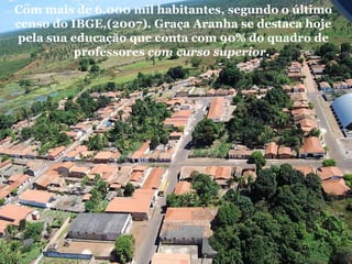 Com mais de 6.000 mil habitantes, segundo o último censo do IBGE,(2007). Graça Aranha se destaca hoje pela sua educação que conta com 90% do quadro de professores  com curso superior.  