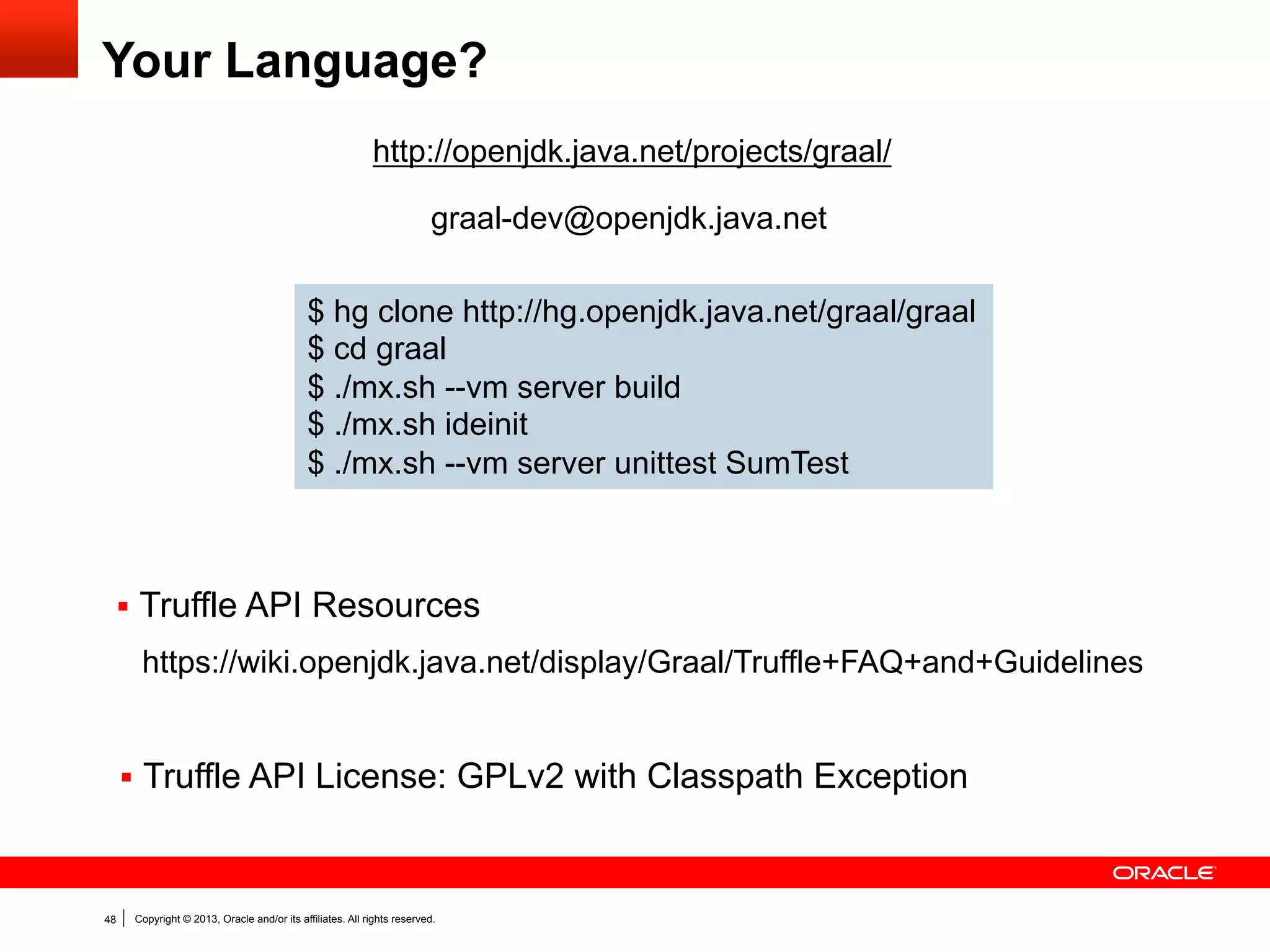 Acknowledgements
Oracle Labs
Laurent Daynès
Erik Eckstein
Michael Haupt
Peter Kessler
Christos Kotselidis
David Leibs
Roland Schatz
Chris Seaton
Doug Simon
Michael Van De Vanter
Christian Wimmer
Christian Wirth
Mario Wolczko
Thomas Würthinger
Laura Hill (Manager)
Interns
Danilo Ansaloni
Daniele Bonetta
Shams Imam
Stephen Kell
Gregor Richards
Rifat Shariyar

48

Copyright © 2013, Oracle and/or its affiliates. All rights reserved.

JKU Linz
Prof. Hanspeter Mössenböck
Gilles Duboscq
Matthias Grimmer
Christian Häubl
Josef Haider
Christian Humer
Christian Huber
Manuel Rigger
Lukas Stadler
Bernhard Urban
Andreas Wöß
University of Edinburgh
Christophe Dubach
Juan José Fumero Alfonso
Ranjeet Singh
Toomas Remmelg
LaBRI
Floréal Morandat

University of California, Irvine
Prof. Michael Franz
Codrut Stancu
Gulfem Savrun Yeniceri
Wei Zhang
Purdue University
Prof. Jan Vitek
Tomas Kalibera
Petr Maj 
Lei Zhao
T. U. Dortmund
Prof. Peter Marwedel
Helena Kotthaus
Ingo Korb
University of California, Davis
Prof. Duncan Temple Lang
Nicholas Ulle

 
