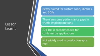 Lesson
Learns
Better suited for custom code, libraries
and SDKs
There are some performance gaps in
truffle implementations
JDK 10+ is recommended for
containerize applications
Not widely used in production apps
(yet!)
 