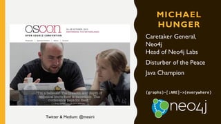 MICHAEL
HUNGER
Caretaker General,
Neo4j
Head of Neo4j Labs
Disturber of the Peace
Java Champion
(graphs)-[:ARE]->(everywhere)
Twitter & Medium: @mesirii
 