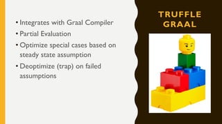 TRUFFLE
GRAAL• Integrates with Graal Compiler
• Partial Evaluation
• Optimize special cases based on
steady state assumption
• Deoptimize (trap) on failed
assumptions
 