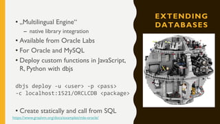 EXTENDING
DATABASES• „Multilingual Engine“
– native library integration
• Available from Oracle Labs
• For Oracle and MySQL
• Deploy custom functions in JavaScript,
R, Python with dbjs
dbjs deploy -u <user> -p <pass>
-c localhost:1521/ORCLCDB <package>
• Create statically and call from SQL
https://www.graalvm.org/docs/examples/mle-oracle/
 