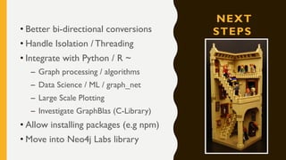 NEXT
STEPS• Better bi-directional conversions
• Handle Isolation / Threading
• Integrate with Python / R ~
– Graph processing / algorithms
– Data Science / ML / graph_net
– Large Scale Plotting
– Investigate GraphBlas (C-Library)
• Allow installing packages (e.g npm)
• Move into Neo4j Labs library
 