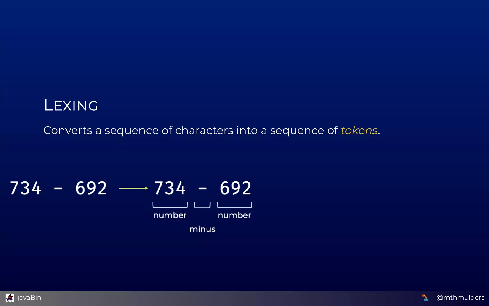 L
Converts a sequence of characters into a sequence of tokens.
 
 
 
 
@mthmulders  javaBin
 