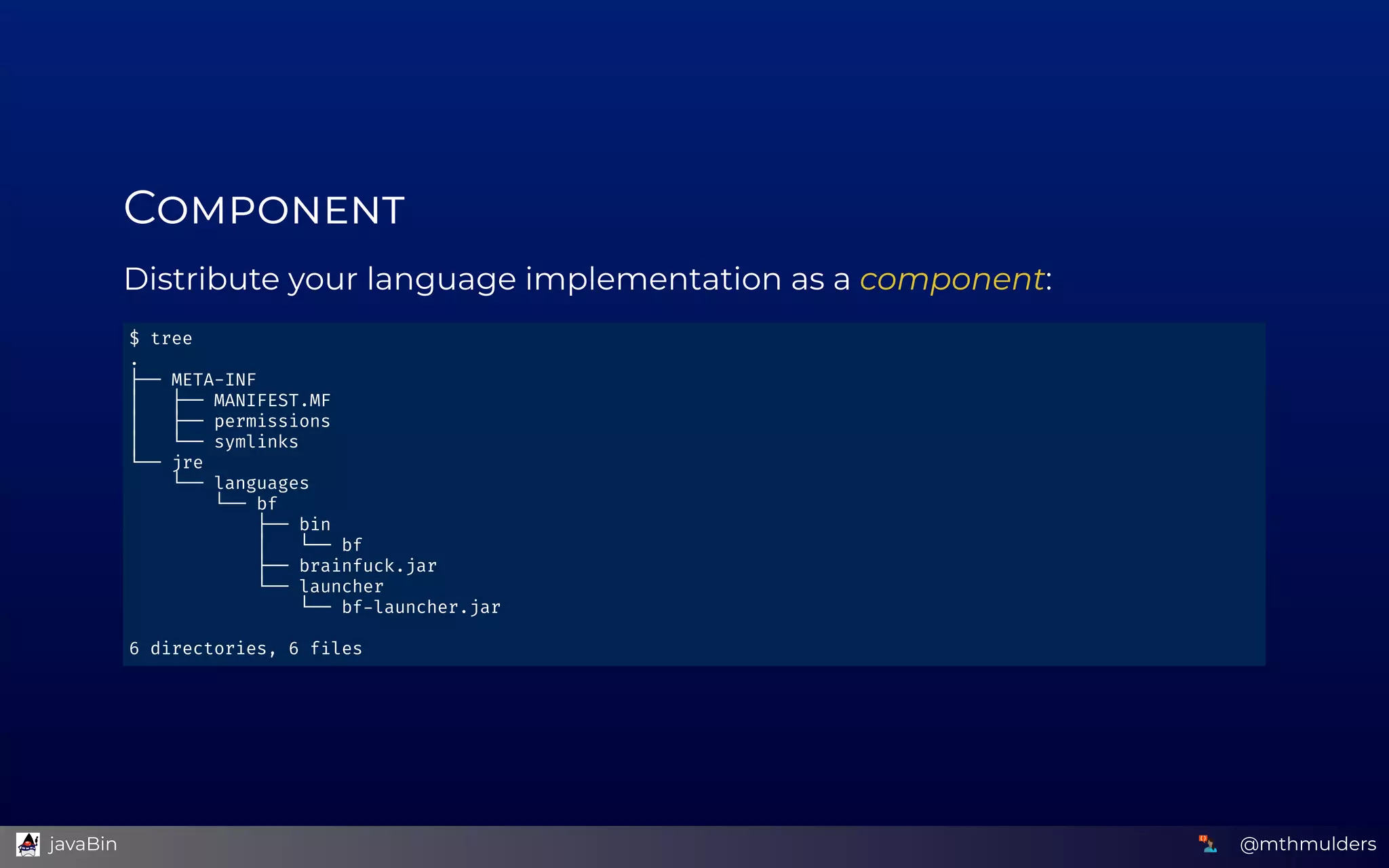 C
Distribute your language implementation as a component:
$ tree 
. 
├── META-INF 
│   ├── MANIFEST.MF 
│   ├── permissions 
│   └── symlinks 
└── jre 
    └── languages 
        └── bf 
            ├── bin 
            │   └── bf 
            ├── brainfuck.jar 
            └── launcher 
                └── bf launcher.jar 
 
6 directories, 6 f les 
@mthmulders  javaBin
 