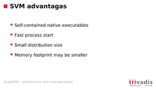 Graal(VM) – performance and interoperability
SVM advantagas
 Self-contained native executables
 Fast process start
 Small distribution size
 Memory footprint may be smaller
 