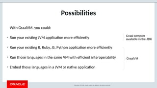 Copyright © 2018, Oracle and/or its aliates. All rights reserved.
Possibili$es
With GraalVM, you could:
• Run your exis-ng JVM applica-on more eciently
• Run your exis-ng R, Ruby, JS, Python applica-on more eciently
• Run those languages in the same VM with ecient interoperability
• Embed those languages in a JVM or na-ve applica-on
Graal compiler
available in the JDK
GraalVM
 