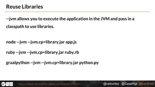 @radcortez @CesarHgt @tomitribehttps://www.tomitribe.com/codeone/dev6016/
Reuse Libraries
--jvm allows you to execute the application in the JVM and pass in a
classpath to use libraries.
node --jvm --jvm.cp=library.jar app.js
ruby --jvm --jvm.cp=library.jar ruby.rb
graalpython --jvm --jvm.cp=library.jar python.py
 