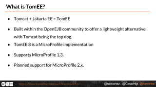 @radcortez @CesarHgt @tomitribehttps://www.tomitribe.com/codeone/dev6016/
What is TomEE?
● Tomcat + Jakarta EE = TomEE
● Built within the OpenEJB community to offer a lightweight alternative
with Tomcat being the top dog.
● TomEE 8 is a MicroProfile implementation
● Supports MicroProfile 1.3.
● Planned support for MicroProfile 2.x.
 