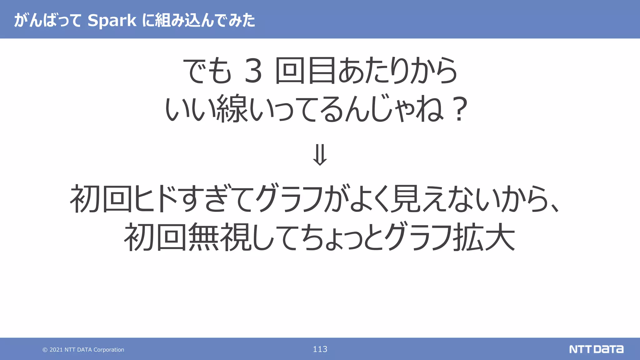 © 2021 NTT DATA Corporation 113
がんばって Spark に組み込んでみた
でも 3 回目あたりから
いい線いってるんじゃね？
⇓
初回ヒドすぎてグラフがよく見えないから、
初回無視してちょっとグラフ拡大
 