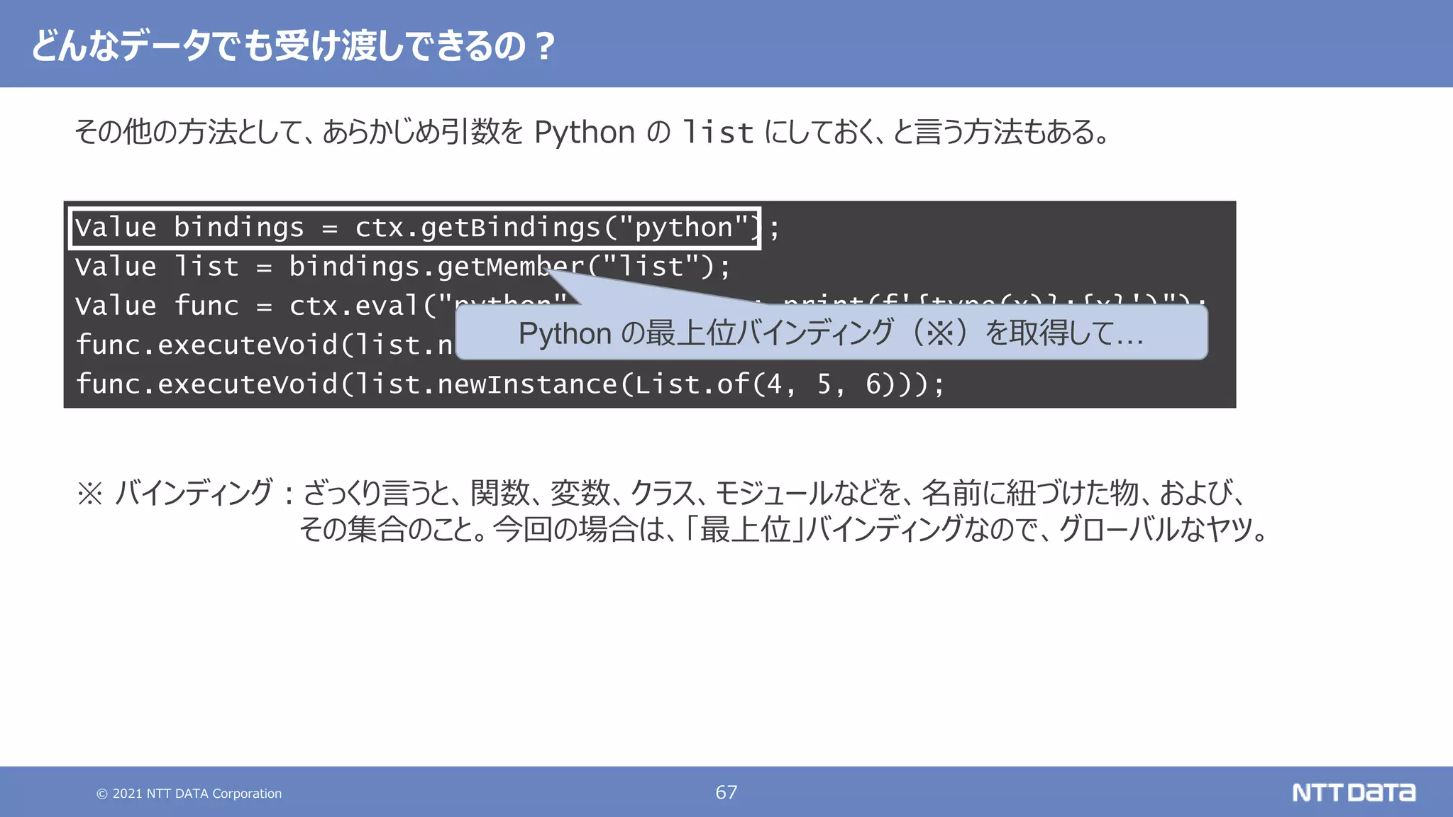 © 2021 NTT DATA Corporation 67
その他の方法として、あらかじめ引数を Python の list にしておく、と言う方法もある。
※ バインディング：ざっくり言うと、関数、変数、クラス、モジュールなどを、名前に紐づけた物、および、
その集合のこと。今回の場合は、「最上位」バインディングなので、グローバルなヤツ。
Value bindings = ctx.getBindings("python");
Value list = bindings.getMember("list");
Value func = ctx.eval("python", "lambda x: print(f'{type(x)}:{x}')");
func.executeVoid(list.newInstance(new int[]{1, 2, 3}));
func.executeVoid(list.newInstance(List.of(4, 5, 6)));
どんなデータでも受け渡しできるの？
Python の最上位バインディング（※）を取得して…
 