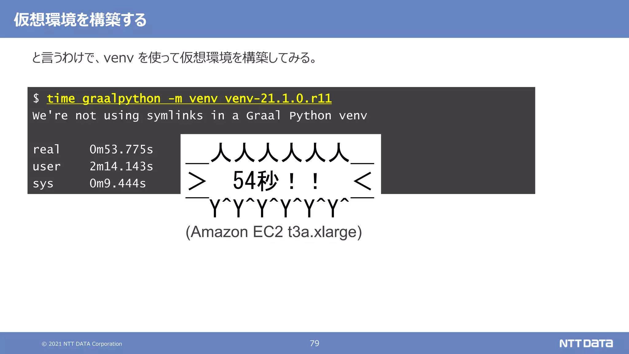 © 2021 NTT DATA Corporation 79
と言うわけで、venv を使って仮想環境を構築してみる。
$ time graalpython -m venv venv-21.1.0.r11
We're not using symlinks in a Graal Python venv
real 0m53.775s
user 2m14.143s
sys 0m9.444s
仮想環境を構築する
＿人人人人人人＿
＞ 54秒！！ ＜
￣Y^Y^Y^Y^Y^Y^￣
(Amazon EC2 t3a.xlarge)
 