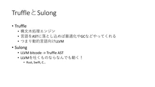 Truffle Sulong
• Truffle
•
• AST GC
• LLVM
• Sulong
• LLVM bitcode -> Truffle AST
• LLVM
• Rust, Swift, C…
 