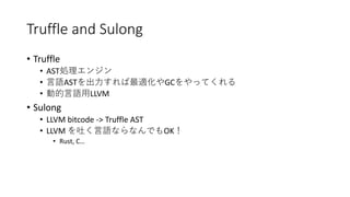 Truffle and Sulong
• Truffle
• AST
• AST GC
• LLVM
• Sulong
• LLVM bitcode -> Truffle AST
• LLVM OK
• Rust, C…
 