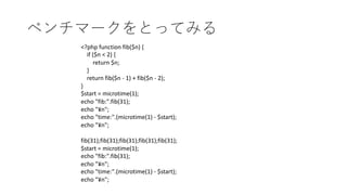 <?php function fib($n) {
if ($n < 2) {
return $n;
}
return fib($n - 1) + fib($n - 2);
}
$start = microtime(1);
echo "fib:".fib(31);
echo "¥n";
echo "time:".(microtime(1) - $start);
echo "¥n";
fib(31);fib(31);fib(31);fib(31);fib(31);
$start = microtime(1);
echo "fib:".fib(31);
echo "¥n";
echo "time:".(microtime(1) - $start);
echo "¥n";
 