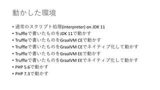 • (interpreter) on JDK 11
• Truffle JDK 11
• Truffle GraalVM CE
• Truffle GraalVM CE
• Truffle GraalVM EE
• Truffle GraalVM EE
• PHP 5.6
• PHP 7.3
 
