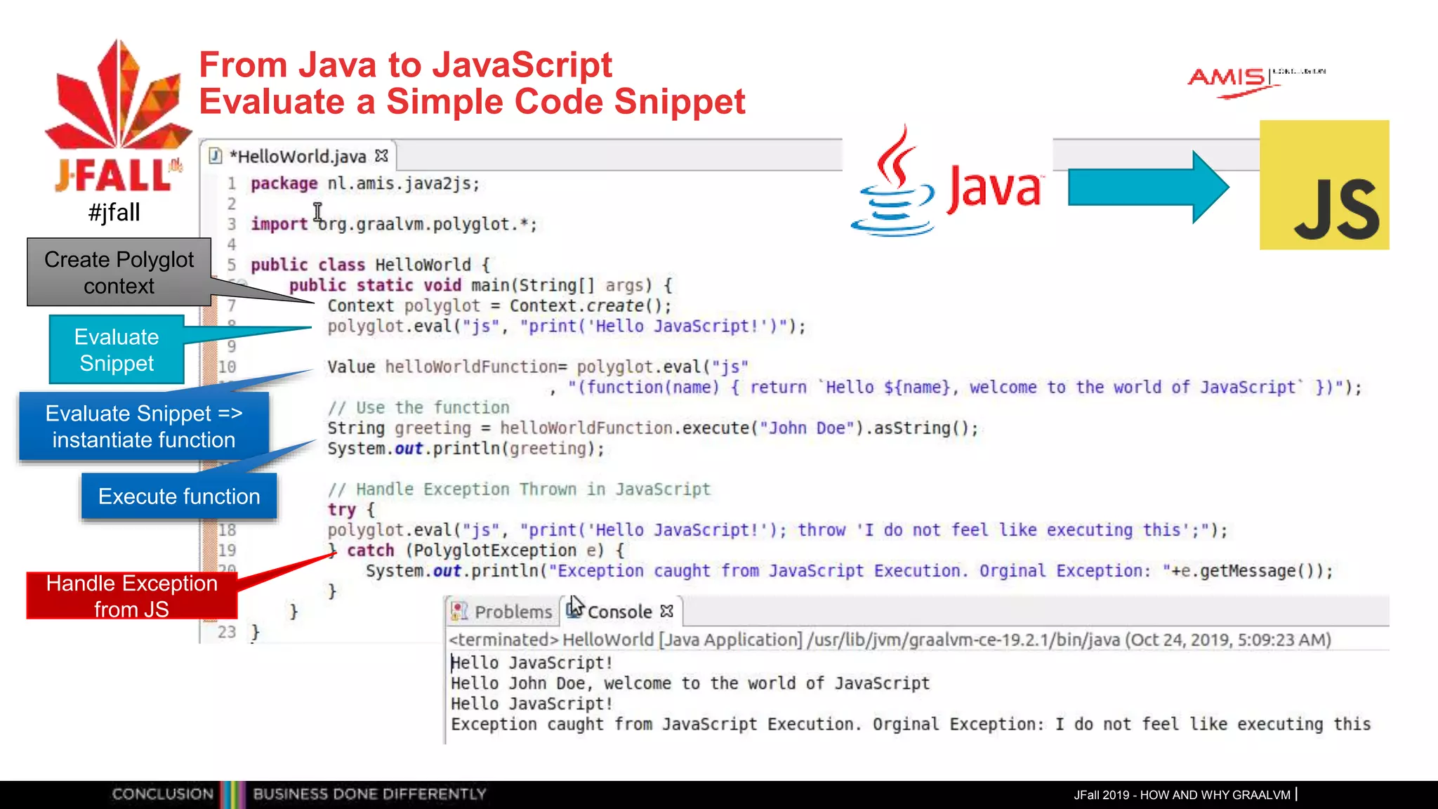 From Java to JavaScript
Evaluate a Simple Code Snippet
JFall 2019 - HOW AND WHY GRAALVM
#jfall
JFall 2019 - HOW AND WHY GRAALVM
Create Polyglot
context
Evaluate
Snippet
Evaluate Snippet =>
instantiate function
Execute function
Handle Exception
from JS
 