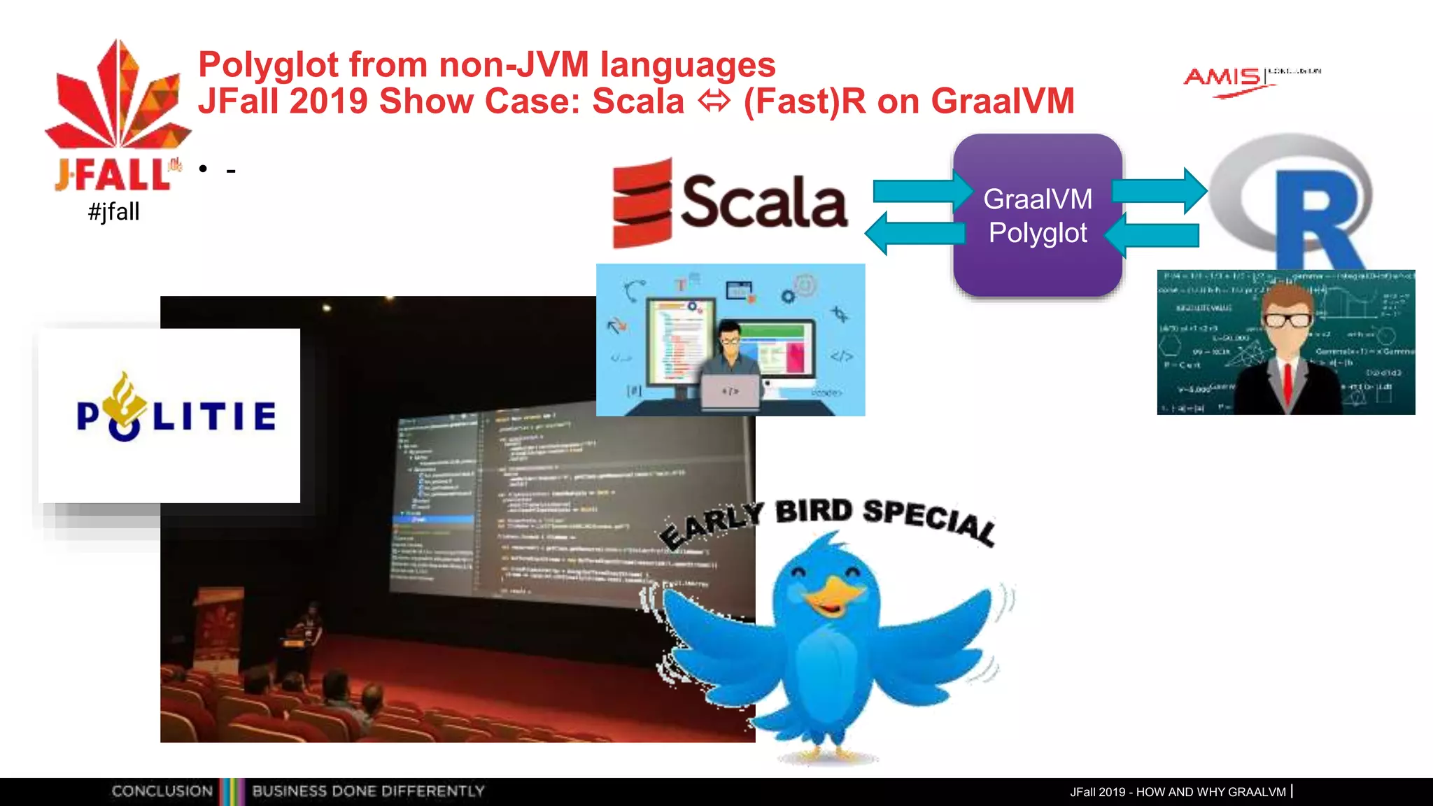 Polyglot from non-JVM languages
JFall 2019 Show Case: Scala  (Fast)R on GraalVM
• -
JFall 2019 - HOW AND WHY GRAALVM
#jfall GraalVM
Polyglot
 