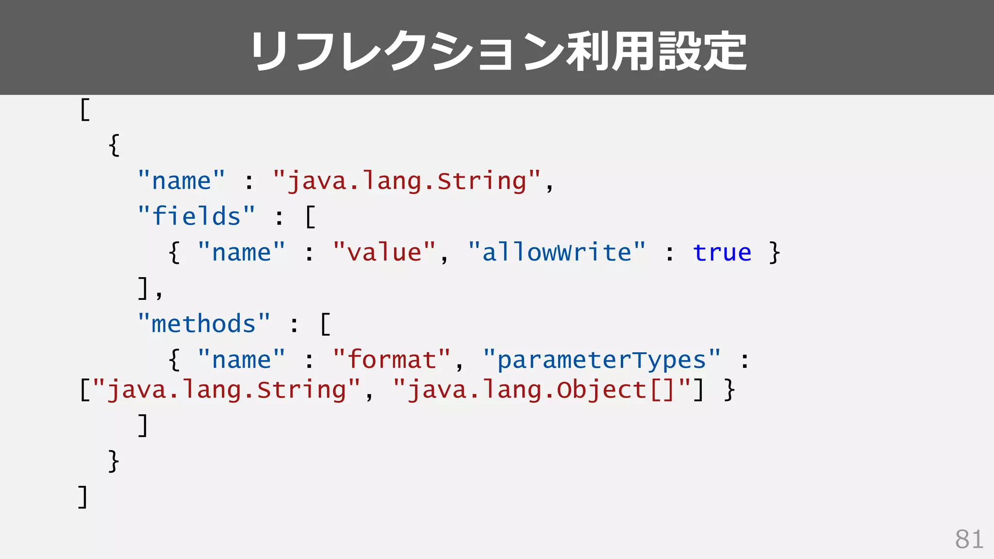 リフレクション利用設定
81
[
{
"name" : "java.lang.String",
"fields" : [
{ "name" : "value", "allowWrite" : true }
],
"methods" : [
{ "name" : "format", "parameterTypes" :
["java.lang.String", "java.lang.Object[]"] }
]
}
]
 