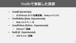 Truffleで実装した言語
15
• GraalJS (JavaScript)
• ECMAScript 2019 仕様互換、Node.js v12.10.0
• TruffleRuby (Ruby, Experimental)
• Ruby 2.6.2 ベ ー ス
• GraalPython (Python , Experimental)
• Python3.7 互換
• FastR (R , Experimental)
• GNU R 3.6.1 互換
 