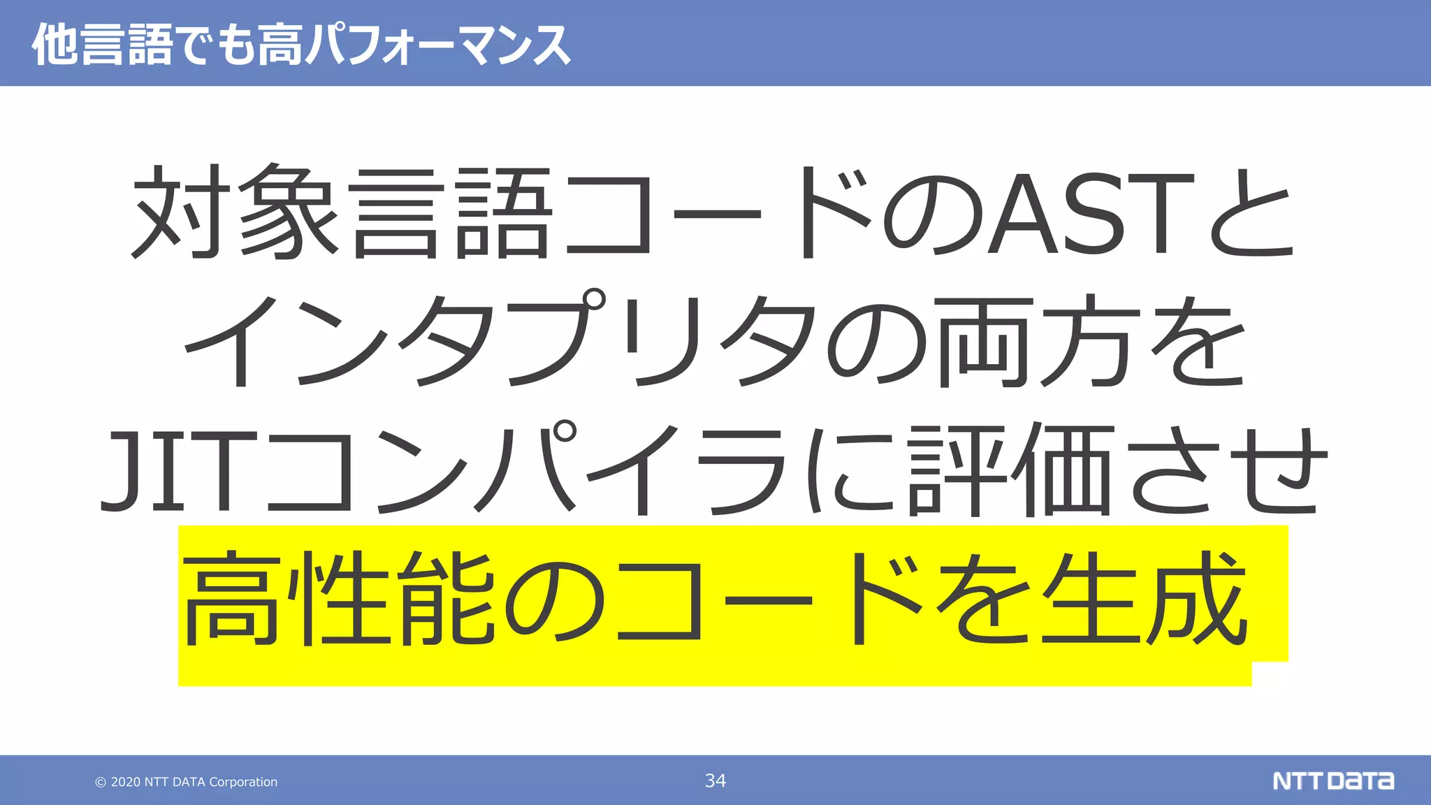 © 2020 NTT DATA Corporation 34
他言語でも高パフォーマンス
対象言語コードのASTと
インタプリタの両方を
JITコンパイラに評価させ
高性能のコードを生成
 