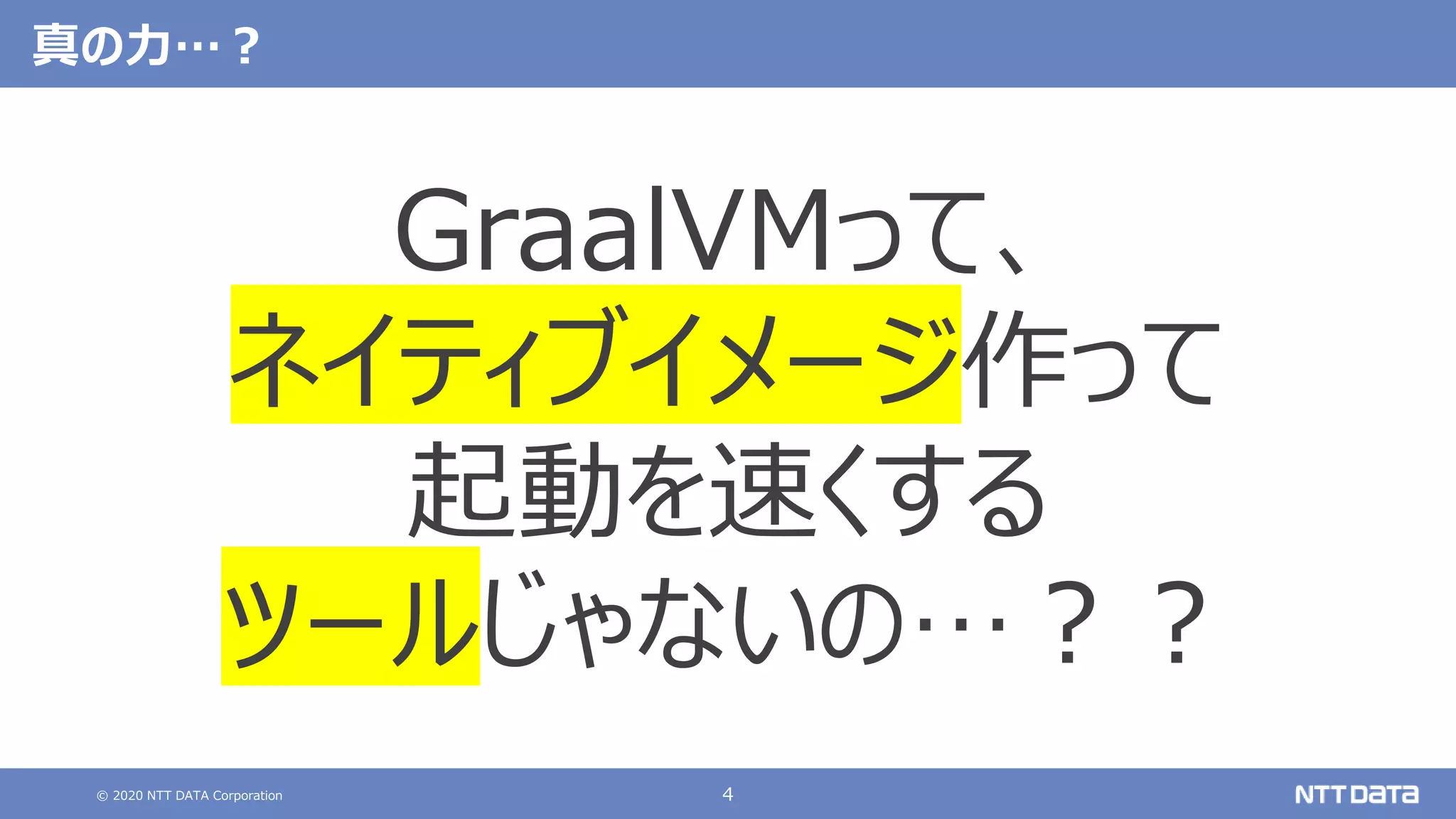 © 2020 NTT DATA Corporation 4
真の力…？
GraalVMって、
ネイティブイメージ作って
起動を速くする
ツールじゃないの…？？
 