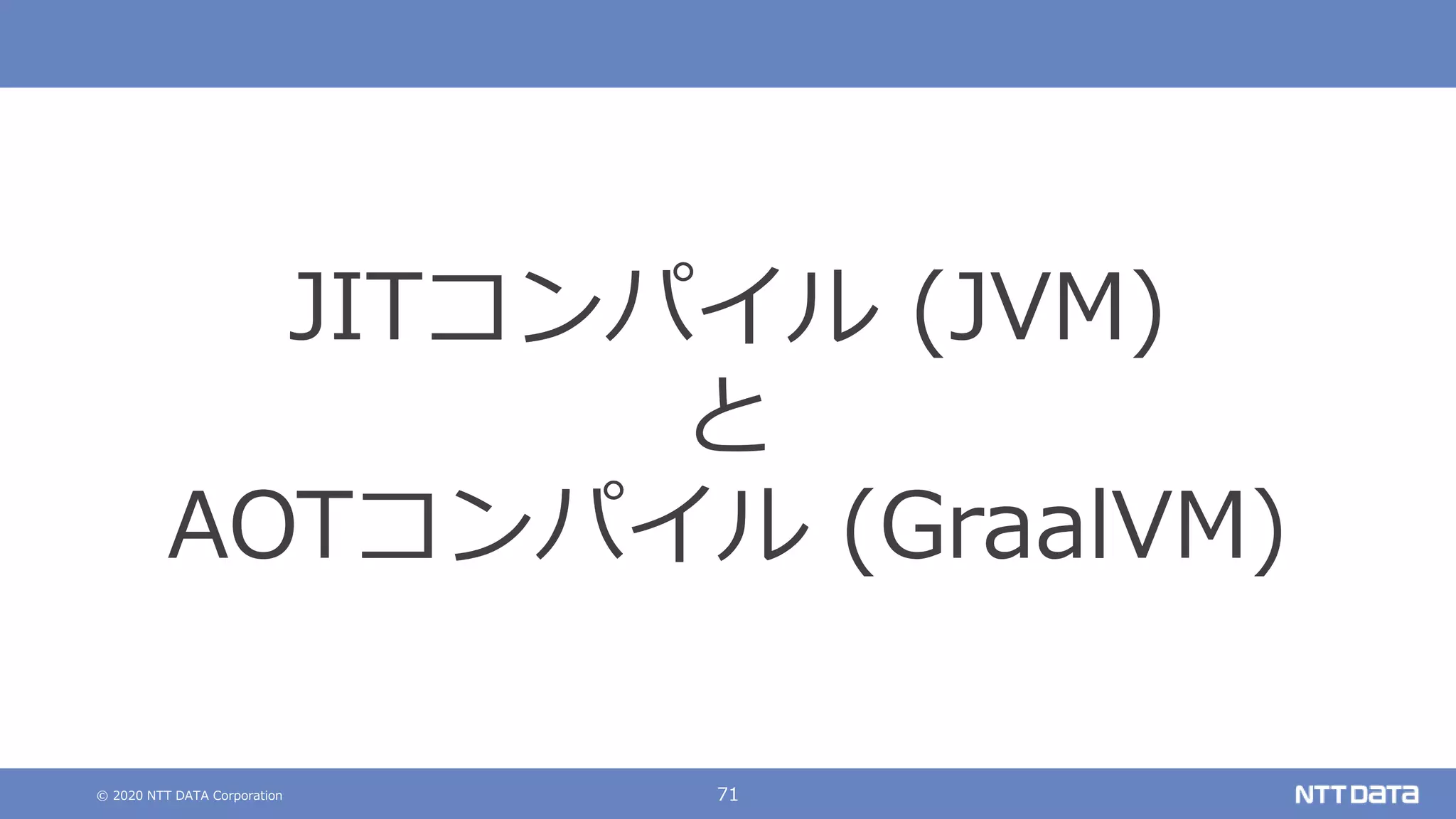 © 2020 NTT DATA Corporation 71
JITコンパイル (JVM)
と
AOTコンパイル (GraalVM)
 