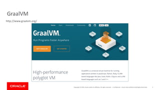 Copyright	©	2019,	Oracle	and/or	its	affiliates.	All	rights	reserved.		|
GraalVM
Confidential	– Oracle	Internal/Restricted/Highly	Restricted 3
http://www.graalvm.org/
 