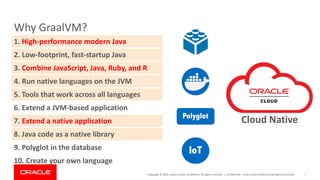 Copyright	©	2019,	Oracle	and/or	its	affiliates.	All	rights	reserved.		|
Why	GraalVM?
Confidential	– Oracle	Internal/Restricted/Highly	Restricted 7
8.	Java	code	as	a	native	library
1.	High-performance	modern	Java
2.	Low-footprint,	fast-startup	Java
3.	Combine	JavaScript,	Java,	Ruby,	and	R
4.	Run	native	languages	on	the	JVM
5.	Tools	that	work	across	all	languages
6.	Extend	a	JVM-based	application
7.	Extend	a	native	application
9.	Polyglot	in	the	database
10.	Create	your	own	language
IoT
Polyglot
Cloud	Native	
 