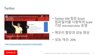 Copyright	©	2019,	Oracle	and/or	its	affiliates.	All	rights	reserved.		| Confidential	– Oracle	Internal/Restricted/Highly	Restricted 79
Twitter
https://www.youtube.com/watch?v=PtgKmzgIh4c
• Twitter	VM	팀은 Graal
컴파일러를 사용하여 Scala	
기반 microservices 운영
• 메모리 할당과 성능 향상
• 성능 개선: 20%
 