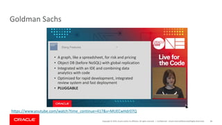 Copyright	©	2019,	Oracle	and/or	its	affiliates.	All	rights	reserved.		| Confidential	– Oracle	Internal/Restricted/Highly	Restricted 80
Goldman	Sachs
https://www.youtube.com/watch?time_continue=417&v=MUECwHdr07Q
 