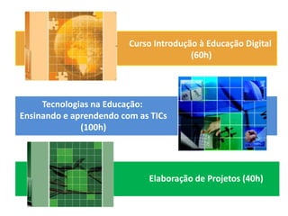 Tecnologias na Educação:
Ensinando e aprendendo com as TICs
(100h)
Curso Introdução à Educação Digital
(60h)
Elaboração de Projetos (40h)
 