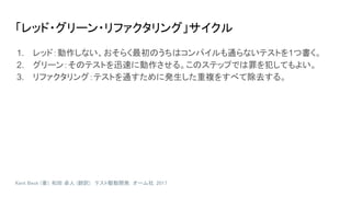 「レッド・グリーン・リファクタリング」サイクル
1. レッド：動作しない、おそらく最初のうちはコンパイルも通らないテストを1つ書く。
2. グリーン：そのテストを迅速に動作させる。このステップでは罪を犯してもよい。
3. リファクタリング：テストを通すために発生した重複をすべて除去する。
Kent Beck (著), 和田 卓人 (翻訳). テスト駆動開発. オーム社. 2017
 