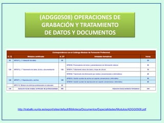 (ADGG0508) OPERACIONES DE
GRABACIÓN Y TRATAMIENTO
DE DATOS Y DOCUMENTOS
http://traballo.xunta.es/export/sites/default/Biblioteca/Documentos/Especialidades/Modulos/ADGG0508.pdf
 