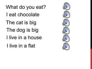 What do youeat? I eat chocolate Thecatisbig Thedogisbig I live in a house I live in a flat 