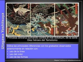 Princesa Shiranui luchando contra el mal Sotokum, de la serie
Diez héroes del Tametomo
Indica las principales diferencias con los grabados observados
anteriormente en relación con:
• uso de la línea
• uso del color
• uso de las formas
Utagawa Yoshitsuya en wikipediacommons.org
 