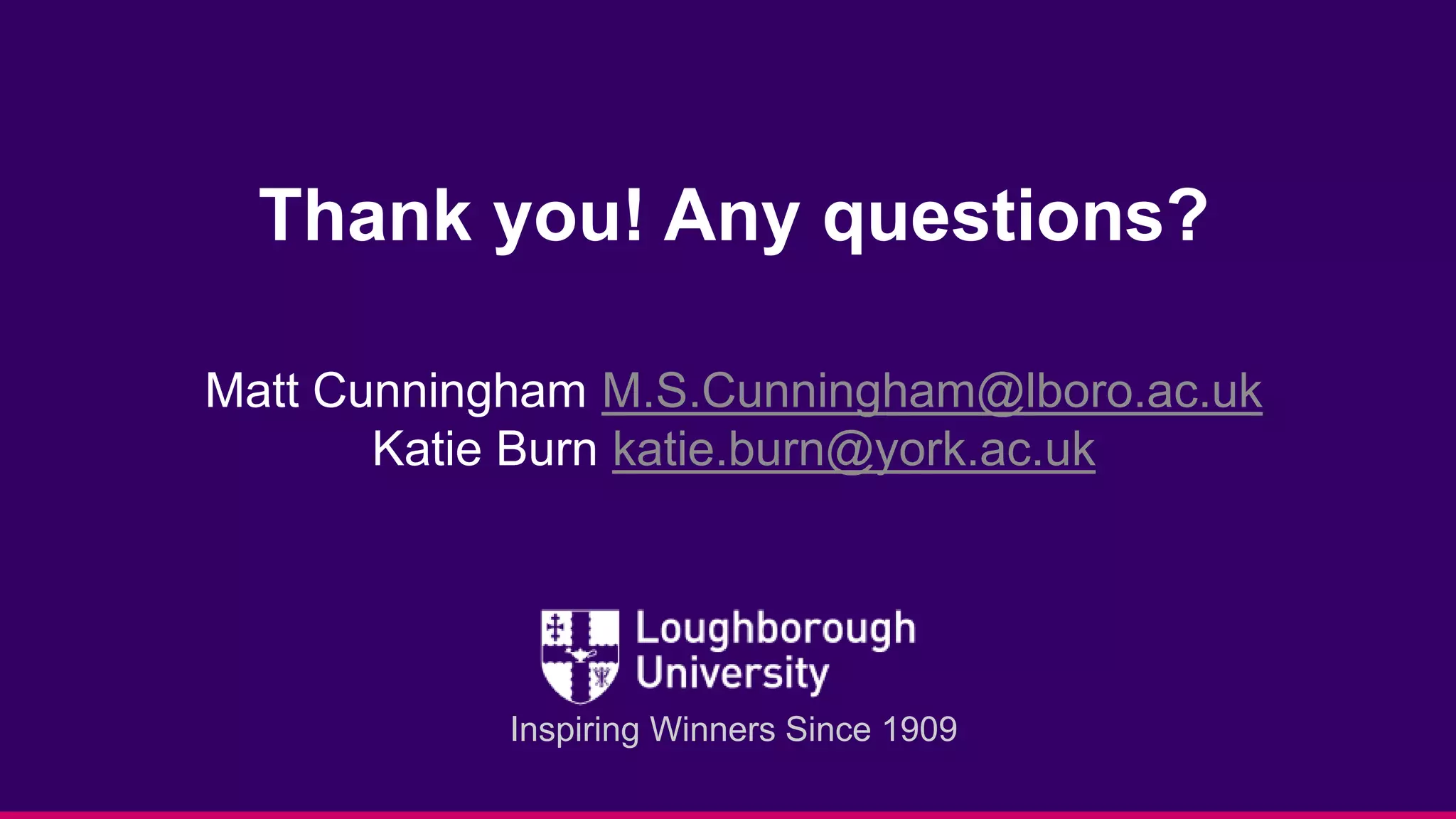 Inspiring Winners Since 1909
Thank you! Any questions?
Matt Cunningham M.S.Cunningham@lboro.ac.uk
Katie Burn katie.burn@york.ac.uk
 
