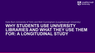 WHY STUDENTS USE UNIVERSITY
LIBRARIES AND WHAT THEY USE THEM
FOR: A LONGITUDINAL STUDY
Katie Burn (University of York) and Matt Cunningham (Loughborough University)
 