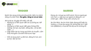 TRIGGER BARRIER
Muốn tận dung những khoảng khắc hiếm hoi dành
riêng cho bản thân: thư giãn, riêng tư và an toàn
Khi tự lái xe, tôi gặp rất nhiều vấn đề:
- Những sự cố liên quan đến xe cộ (hỏng xe, hết
xăng…)
- Những sự cố liên quan đến giao thông (Tắc
đường, tai nạn, bụi bặm, đông đúc, còi xe liên
miên….)
⇒ Gặp thêm áp lực trong quá trình di chuyển, cảm
thấy thời gian của bản thân bị eo hẹp
- Cẩn sử dụng dịch vụ Rẻ hơn, đáng tin hơn, lịch
sự hơn, tiện lợi hơn
Đang vội, mà gọi xe mất 5 phút, thà ra ngoài gọi
còn hơn => Liệu bọn xe ngoài có đáng tin, có
chém giá – điểm nhạy cảm với phụ nữ
Xe Văn Minh, Xe ôm thân thiện đang phổ biến thị
trường => Chưa áp dụng CN, không tiện lợi, P đắt
hơn (6000/km), chưa kể thái độ xe ôm không tốt
 