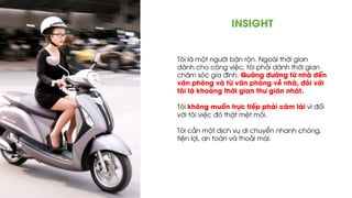 INSIGHT
Tôi là một người bận rộn. Ngoài thời gian
dành cho công việc, tôi phải dành thời gian
chăm sóc gia đình. Quãng đường từ nhà đến
văn phòng và từ văn phòng về nhà, đôi với
tôi là khoảng thời gian thư giãn nhất.
Tôi không muốn trực tiếp phải cầm lái vì đối
với tôi việc đó thật mệt mỏi.
Tôi cần một dịch vụ di chuyển nhanh chóng,
tiện lợi, an toàn và thoải mái.
 