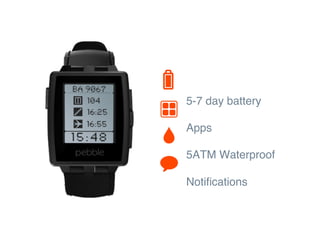 5-7 day battery!
Apps!
5ATM Waterproof!
Noti?cations!
 