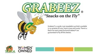 Grabeez® is a grab-n-go resealable cup that’s available
in 15 varieties of nuts, snack mixes and candy.There’s a
flavor for every taste bud and Grabeez® are
guaranteed to fly off the shelves.
 