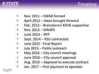 Timeline
 Nov. 2011 – SWAB formed
 April 2012 – Ideas brought forward
 Feb. 2013 – Brainstorm/ KDHE supportive
 Nov. 2013 – WRAPS
 June 2014 – RFP
 Sept. 2014 – KSU contracted
 June 2015 - Final Report
 July 2015 – Public outreach
 May 2016 – City council meetings
 June 2016 – City council approval
 Aug. 2016 – Approval to execute contract
 Jan. 2017 – First payment to operator
 