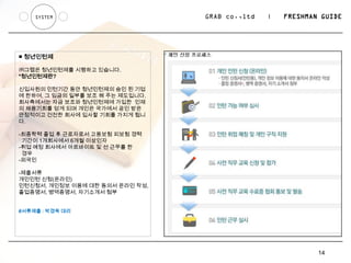 SYSTEM                        GRAB co.,ltd   |   FRESHMAN GUIDE




■ 청년인턴제

㈜그랩은 청년인턴제를 시행하고 있습니다.
*청년인턴제란?

신입사원의 인턴기간 동안 청년인턴제의 승인 된 기업
에 한하여, 그 임금의 일부를 보조 해 주는 제도입니다.
회사측에서는 자금 보조와 청년인턴제에 가입한 인재
의 채용기회를 얻게 되며 개인은 국가에서 공인 받은
안정적이고 건전한 회사에 입사할 기회를 가지게 됩니
다.

-최종학력 졸업 후 근로자로서 고용보험 피보험 경력
 기간이 1개회사에서 6개월 이상인자
-취업 예정 회사에서 아르바이트 및 선 근무를 한
 경우
-외국인

-제출서류
개인인턴 신청(온라인)
인턴신청서, 개인정보 이용에 대한 동의서 온라인 작
성, 졸업증명서, 병역증명서, 자기소개서 첨부


#서류제출 : 박경옥 대리




                                                             14
 