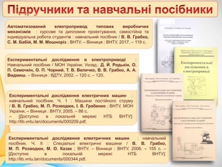 Автоматизований електропривод типових виробничих
механізмів : курсове та дипломне проектування, самостійна та
індивідуальна робота студентів : навчальний посібник / В. В. Грабко,
С. М. Бабій, М. М. Мошноріз ; ВНТУ. – Вінниця : ВНТУ, 2017. – 119 с.
Експериментальні дослідження в електроприводі :
Навчальний посібник / МОН України; Уклад.: Д. Й. Родькін, О.
П. Семочкін, О. П. Чорний, Т. В. Величко, В. В. Грабко, А. А.
Видмиш. – Вінниця : ВДТУ, 2002. – 120 с. – 120.
Експериментальні дослідження електричних машин :
навчальний посібник. Ч. 1 : Машини постійного струму
/ В. В. Грабко, М. П. Розводюк, І. В. Грабенко ; ВНТУ, МОН
України. – Вінниця : ВНТУ, 2005. – 86 с.
– [Доступно в локальній мережі НТБ ВНТУ]:
http://lib.vntu.lan/documents/000209.pdf.
Експериментальні дослідження електричних машин : навчальний
посібник. Ч. II : Спеціальні електричні машини / В. В. Грабко,
М. П. Розводюк, М. О. Казак ; ВНТУ. – Вінниця : ВНТУ, 2006. – 155 с. –
[Доступно в локальній мережі НТБ ВНТУ]:
http://lib.vntu.lan/documents/000344.pdf.
 