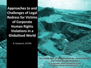 Approaches to and Challenges of Legal Redress for Victims of Corporate Human Rights Violations in a Globalised WorldR. Grabosch, ECCHR The challenges of globalisation for constitutional and corporate governance 14-16 October 2010, University of the Witwatersrand, Johannesburg 